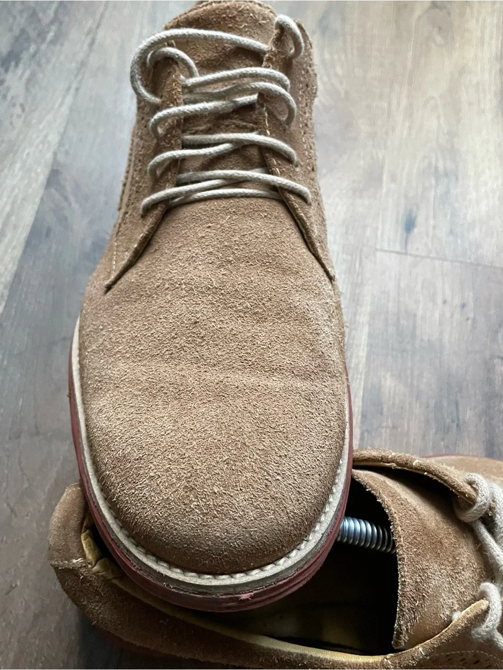 Martin Dingman Brown Suede Derby Shoes with Red Accent Sole